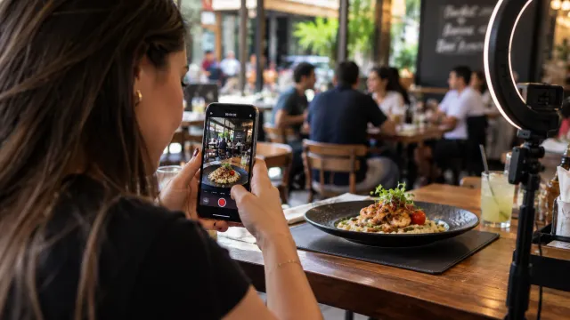 Pessoa filmando um prato com o celular na mesa de um restaurante