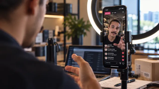 Pessoa fazendo uma transmissão ao vivo pelo celular num suporte com ring light, em um escritório