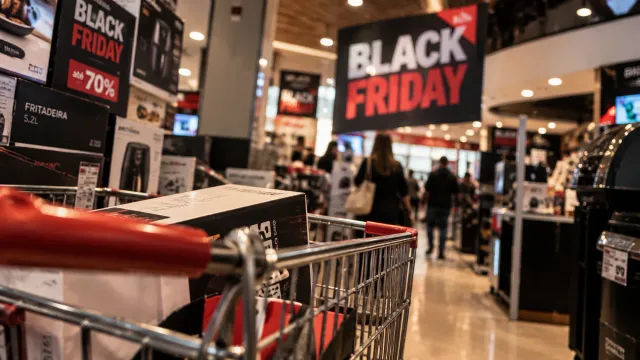 Carrinho de compras dentro de uma loja com cartazes de Black Friday