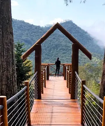 Passarela de madeira com portal sobre a mata e a serra, no Jardim dos Pinhais