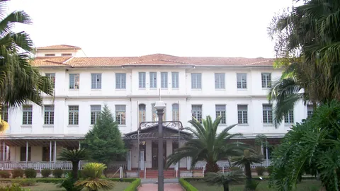 Fachada branca do Pavilhão Central do antigo Sanatório Vicentina Aranha, com telhado de cerâmica, palmeiras e jardim à frente
