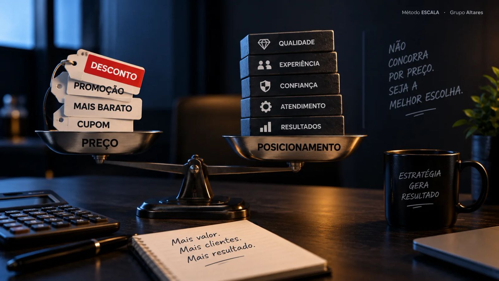 Empresário decidindo entre baixar preço e reposicionar a oferta