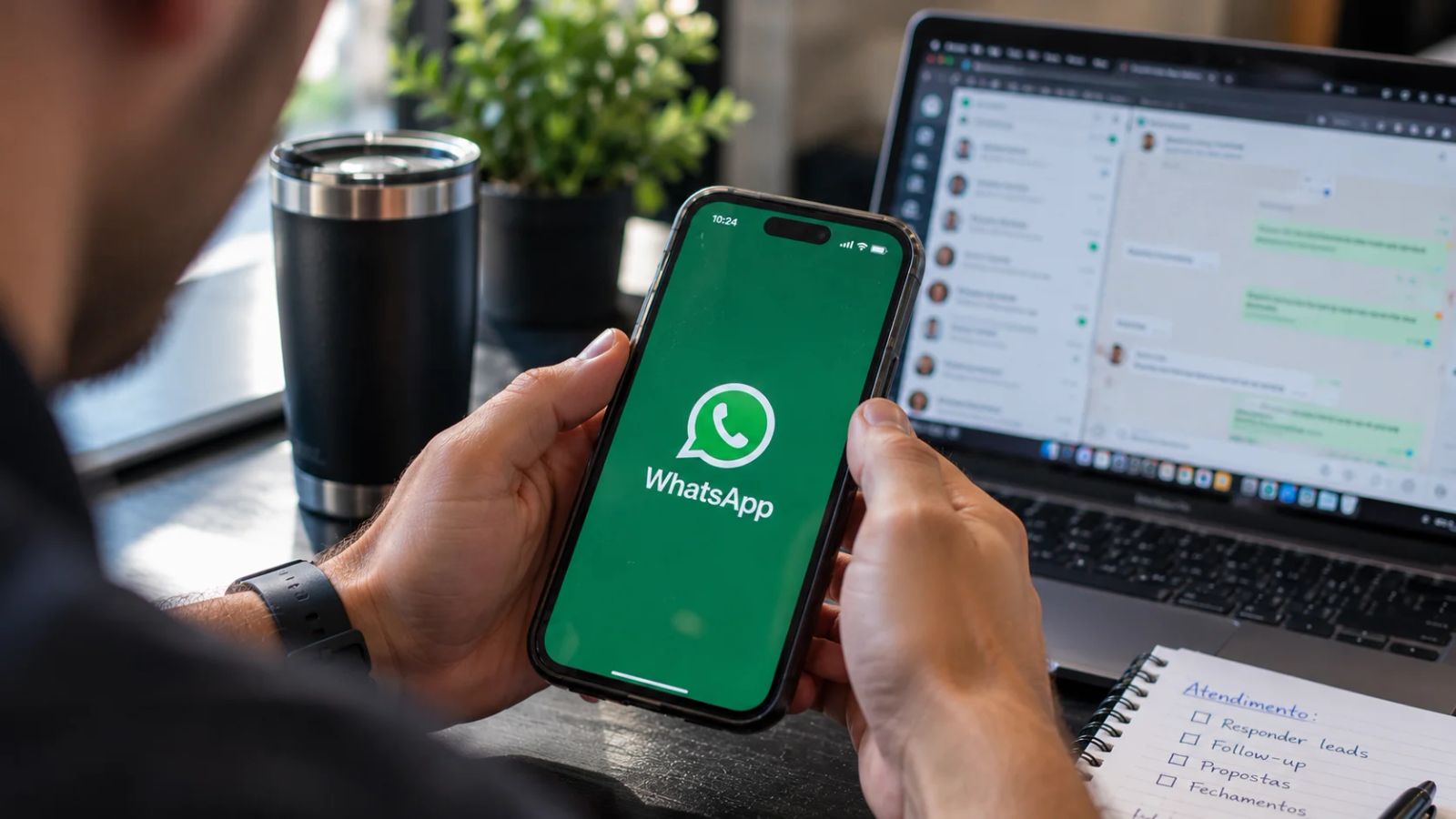 Mão segurando um celular com o WhatsApp aberto ao lado de um notebook