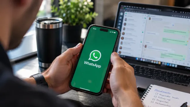Mão segurando um celular com o WhatsApp aberto ao lado de um notebook